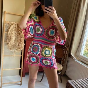 Granny Square Dress,Crochet Mini Dress,Deep V Mini Dress,Beachwear,Summer Mini Dress,Sexy Dress image 2