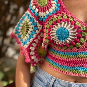 Granny Square Crop Topcolorful Crochet Croptopcrop - Etsy