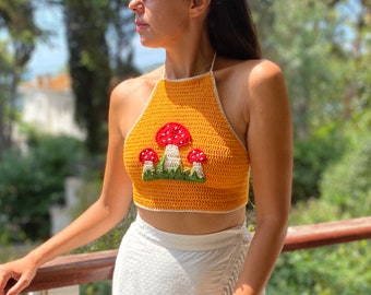 Crochet Orange Crop Top, Mushroom Halter Top, Bikini Top,Beachwear ,Boho Crop top