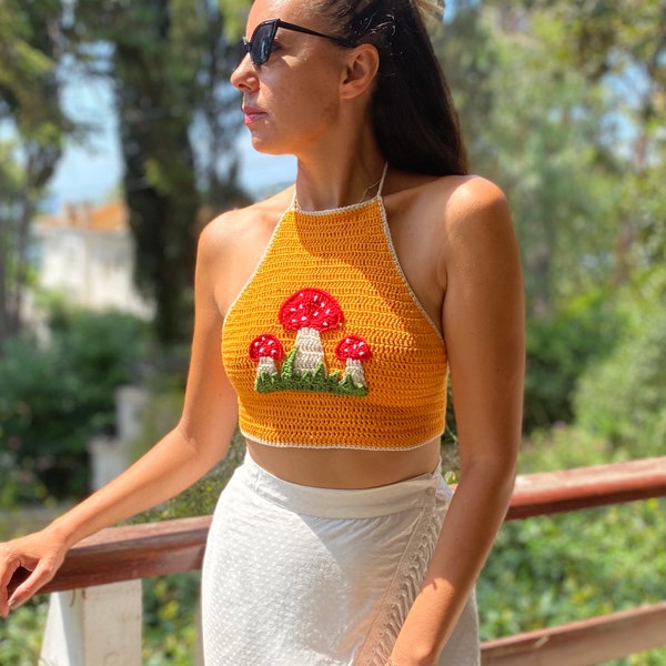 Haut court orange au crochet, haut dos nu champignon, haut de bikini, tenue de plage, haut court bohème