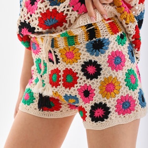 Crochet Shorts with Cotton Lining – Colorful Granny Square Boho Shorts – Festival Summer Wear – Handmade Drawstring Shorts – XS to XL