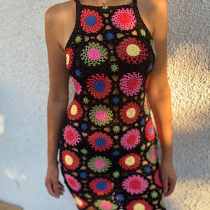 Mini Crochet Halter Dress, Granny Square Crochet Dress, Summer Dress, Festival dress, Boho Dress