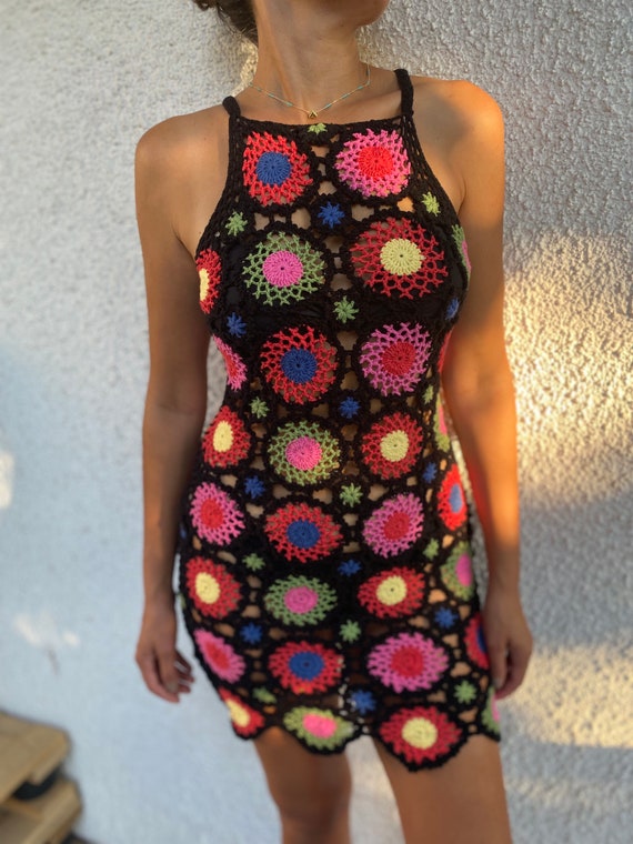 Mini Crochet Halter Dress, Granny Square Fesatival Outfit, Women Beachwear