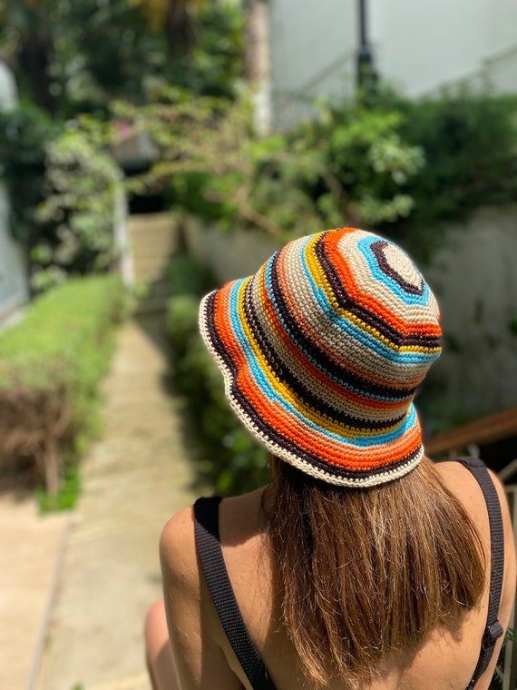 Colorful Striped Crocheted Bucket Hat, Cotton Sun Hat  display picture 1