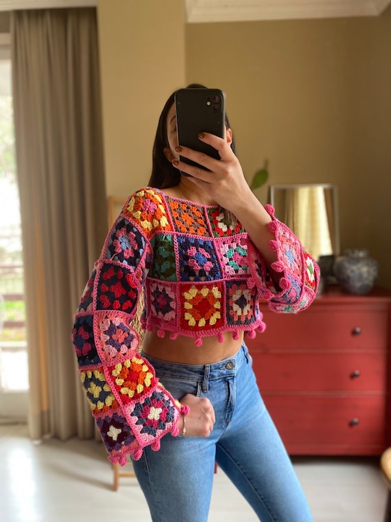 Granny Square Crop Top,long Sleeve Top,crochet Crop Sweater,festival Top , crochet Patchwork Top -  Canada