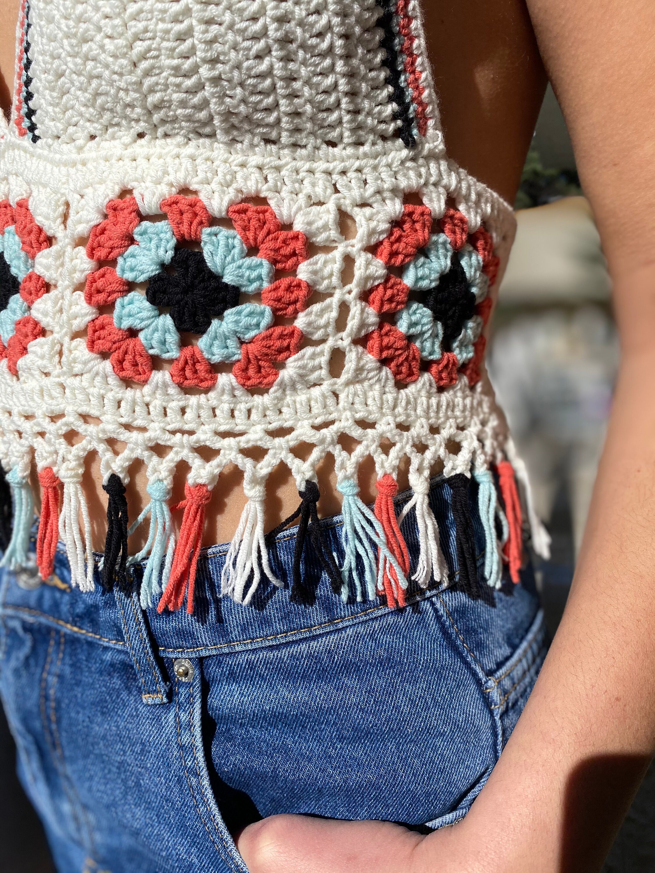 トップス Eaphi fringe crochet knit bustier Crochet Cropped Bustier Tank Top with Fringe – Emma Lou's