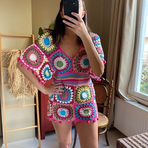 Granny Square Dress,Crochet Mini Dress,Deep V Mini Dress,Beachwear,Summer Mini Dress,Sexy Dress image 4