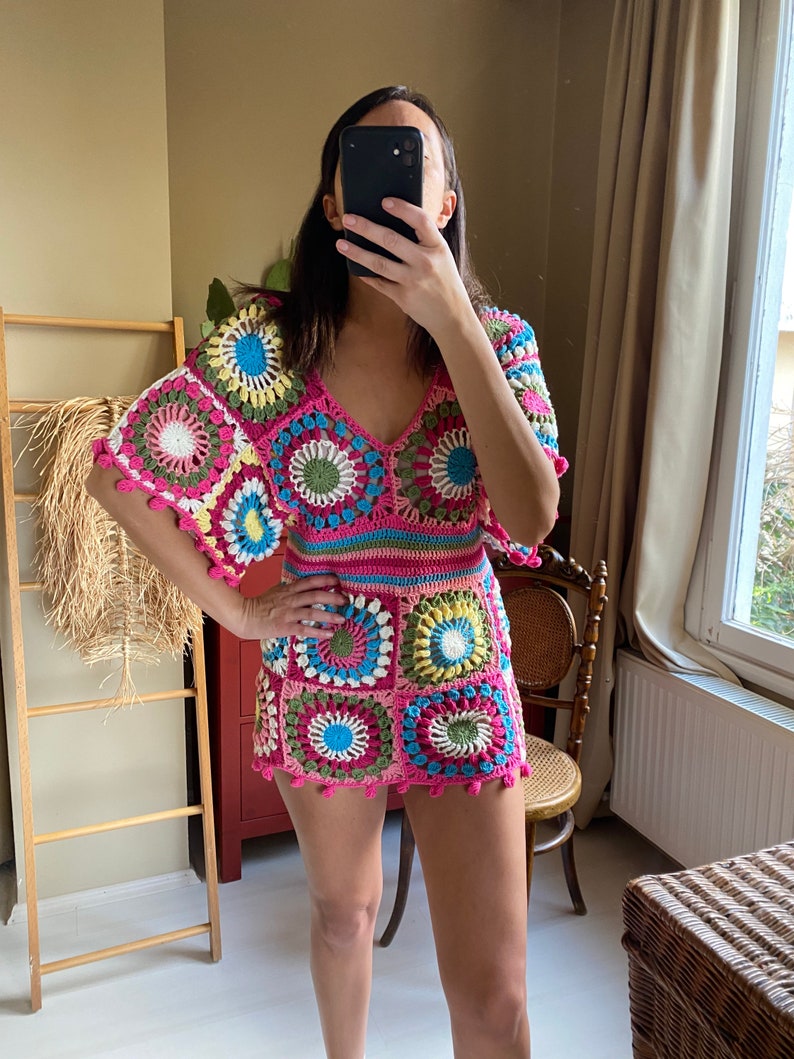 Granny Square Dress,Crochet Mini Dress,Deep V Mini Dress,Beachwear,Summer Mini Dress,Sexy Dress image 4