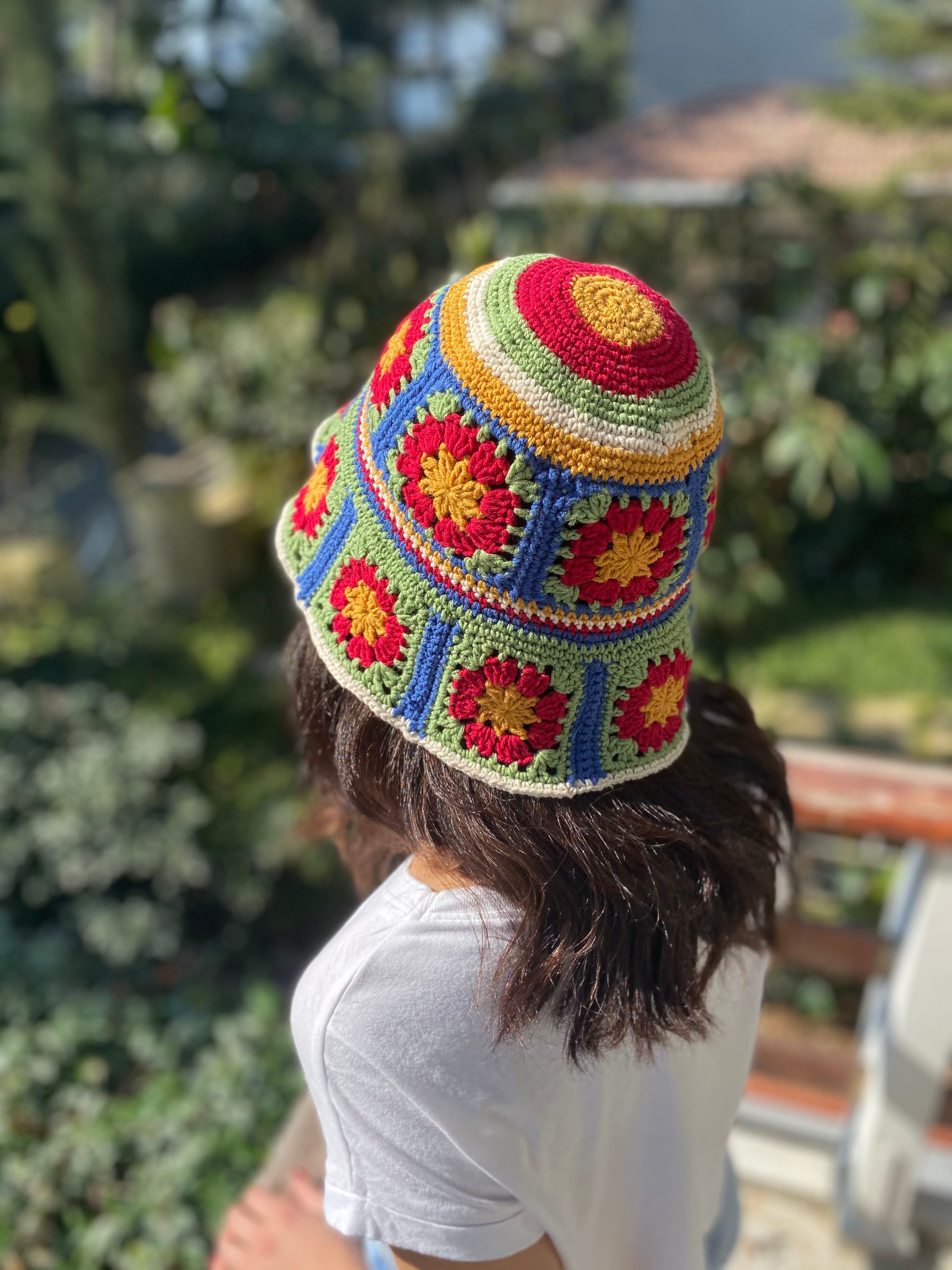 Crochet Bucket Hat Festival Boho Hippie Red Blue Stripe Handmade Recycled Wool Rainbow Crochet Bucket Hat Festival Boho Hippie Stripe  main image 4