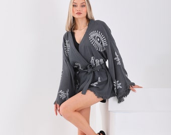 Women Linen Kimono,White Linen Kimono ,Bikini Cover up,Beach wear, Swimsuit Cover up,Kimono with Belt