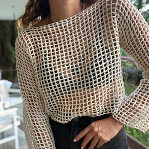 Mesh Crop Sweater , Long Sleeve Crochet Sweater, Mesh Crop Top, Handmade Summer Sweater