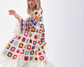 Hand Knitted Granny Square Crochet Cardigan: Patchwork Cotton Jacket