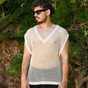 Men Transparent Crochet Sweater, Oversize Unisex Crochet Sweater,Crochet Beach Sweater, Handmade Men sweater