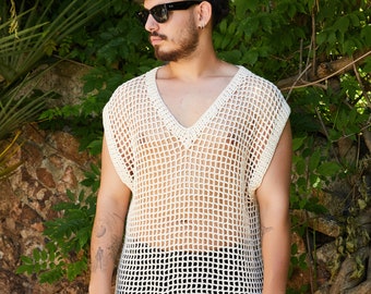 Men Transparent Crochet Sweater,Oversize Unisex Crochet Sweater, Crochet Beach Sweater, Handmade Men sweater