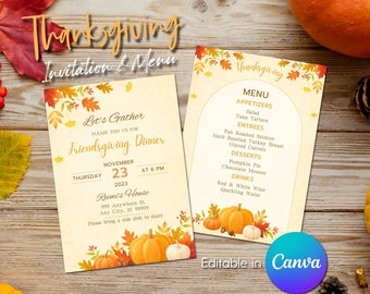 Thanksgiving Invitation, Thanksgiving menu, thanksgiving cards set, dinner party invitation, Thanksgiving Invitation template, Digital,Canva