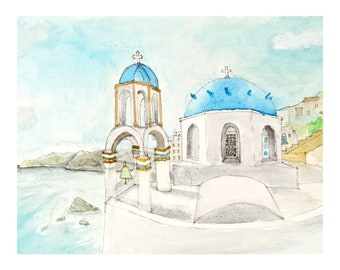 Art Print of Santorini Greece, Watercolor Painting