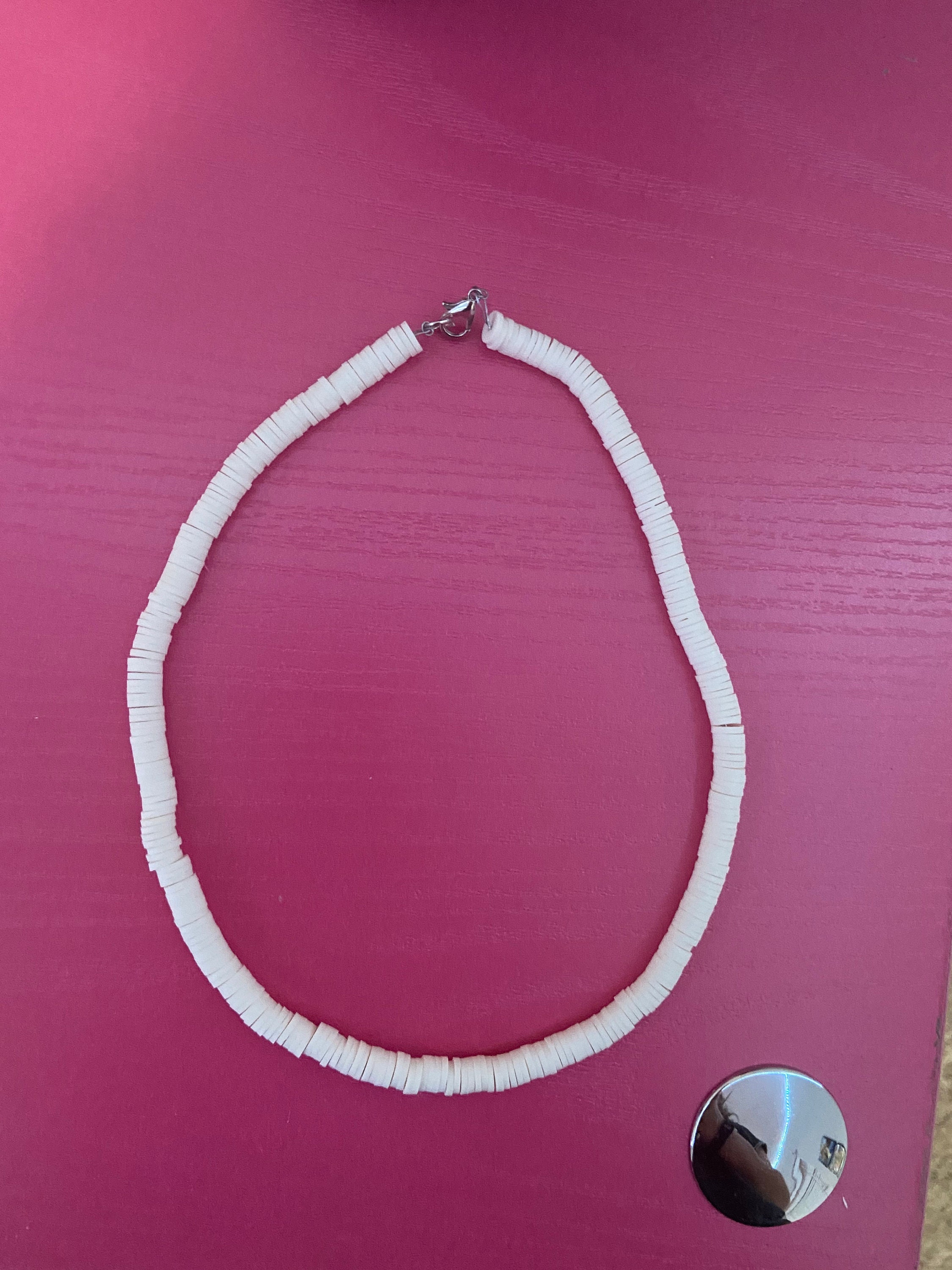 White Boho Clay beaded necklace Etsy