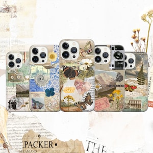 May include: Set of six phone cases featuring a collage of vintage images, including butterflies, flowers, and text. The cases are in various colours, including blue, green, red, and white.