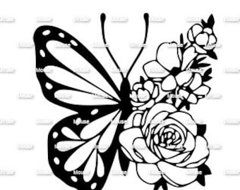 Floral Rose Flower with Butterfly  - .svg .png .dxf for Cricut & Silhouette Die Cutting Machines / Adobe, Design Space, Inkscape