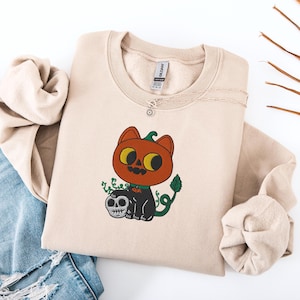 Embroidered Cat Halloween Sweatshirt, Pumpkin Fall Sweatshirt, Cat Lover Shirt, Autumn Sweater, Spooky Season Sweater, Cute Gift For Her