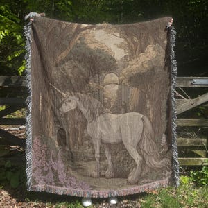 Unicorn Woven Blanket, Medieval Tapestry, Magical Blanket, Forest Tapestry, Mystical Blanket, Mythological Creature, Dark Cottagecore