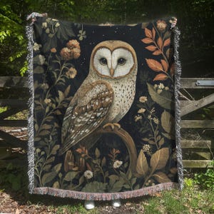 Owl Woven Blanket, Owl Tapestry, Dark Cottagecore, Owl Gift, Nature Inspired, Woodland Animal Lover, Goblincore Owl Blanket, Whimsical Decor