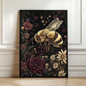 Bee Wall Art, Honey Bee Art Print, Dark Cottagecore Art, Bee Gift, Bee Home Decor, Animal Lover, Bee Lover Poster, Botanical Art, Floral Art