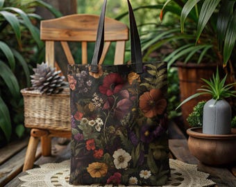 Dark Cottagecore Tote Bag, Wildflower Tote Bag, Botanical Bag, Floral Bag, Flower Lover Bag, Dark Academia, Whimsigoth Bag, Gift For Her