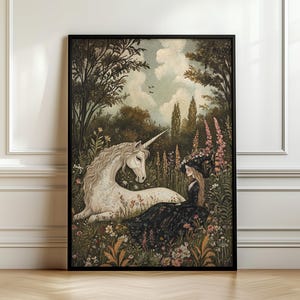 Vintage Unicorn Wall Art, Fantasy Wall Art, Dark Cottagecore Home Decor, Mythical Creature, Enchanted Art, Mystical Art, Magical Art