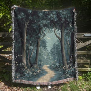 Enchanted Forest Woven Blanket, Forest Tapestry, Nature Lover Gifts, Landscape Home Decor, Botanical Blanket, Celestial Moon Blanket