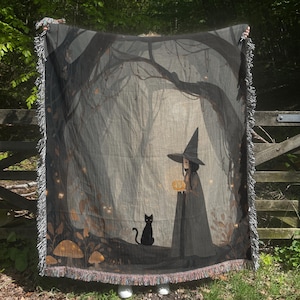 Halloween Woven Blanket, Witchy Gifts, Haunted Forest Tapestry, Black Cat, Witchcraft Blanket, Spooky Season, Dark Academia, Gothic Gifts