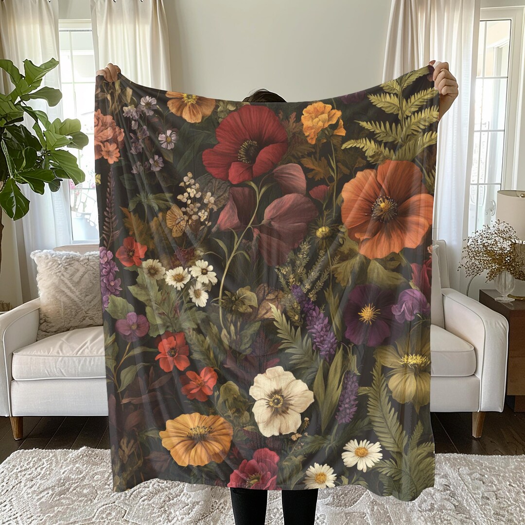 Dark Cottagecore Blanket, Wildflower Plush Blanket, Botanical Blanket ...