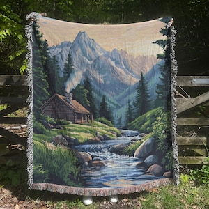 Mountain Cabin Woven Blanket, Mountain Tapestry, Cottagecore Home Decor, Nature Lover Gifts, Wilderness Decor, Landscape Art, Forest Blanket