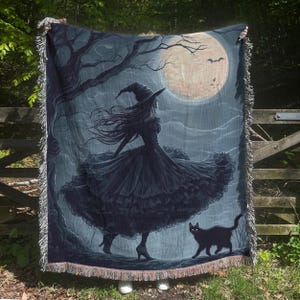 Witch And Black Cat Woven Blanket, Witchy Tapestry, Gothic Throw Blanket, Witch Gift, Dark Accademia, Cottagecore Decor, Whimsigoth Wall Art