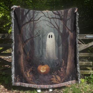 Halloween Ghost Woven Blanket, Haunted Forest Tapestry, Ghost Pumpkin Blanket, Witchy Gift, Spooky Season, Dark Academia, Dark Cottagecore