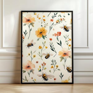 Bumblebee Wall Art, Wildflower Wall Decor, Bee Gift, Cottagecore Home Decor, Botanical Art Print, Floral Art, Nature Lover, Gift For Mom