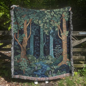 Enchanted Forest Woven Blanket, Forest Tapestry, William Morris Inspired, Nature Lover Gifts, Landscape Home Decor, Botanical Blanket