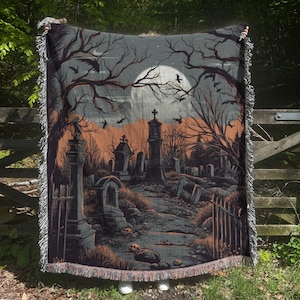 Halloween Woven Blanket, Haunted Graveyard Tapestry, Fall Decor, Gothic Gift, Witchy Gift, Spooky Season, Ghost Blanket, Dark Academia