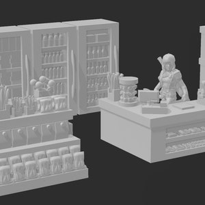 Op de afbeelding: Een wit 3D-model van een winkelinterieur met planken vol met verschillende artikelen, een balie met een kassamedewerkerfiguur en een kassa. De winkel is ontworpen voor een fantasy- of rollenspel.