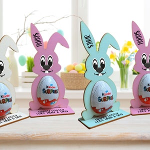 Personalised Easter Egg, Kinder Egg Holder Decoration Bunny Treat Kinder Hunt Gifts Kid Boy Girl Pink, Blue or White Bunny image 2