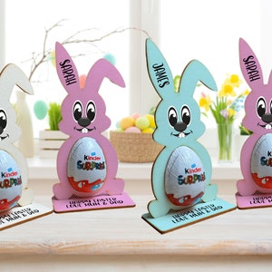 Personalised Easter Egg, Kinder Egg Holder Decoration Bunny Treat Kinder Hunt Gifts Kid Boy Girl - Pink, Blue or White Bunny