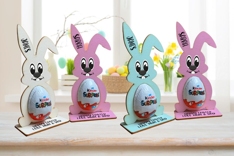 Personalised Easter Egg, Kinder Egg Holder Decoration Bunny Treat Kinder Hunt Gifts Kid Boy Girl Pink, Blue or White Bunny image 2