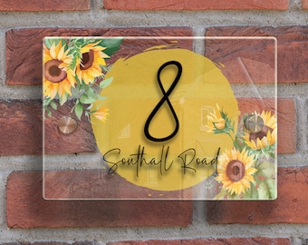 Sunflower House Sign Plaque Modern contemporary door number sign Personalised acrylic Custom Botanical watercolor