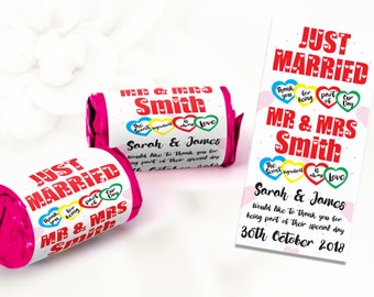 Personalised Mini Love Hearts Wedding Favours Just Married for Guests Gift Thank You Table Favours. Suitable for Vegetarians