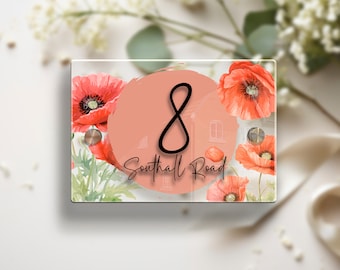 Plaque de numéro de porte de maison contemporaine moderne sur mesure Coquelicot Plaque de porte aquarelle personnalisée Fleurs