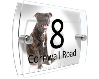 Brindle Staffordshire Terrier Modern House number Property Sign Name and Number Street Wall