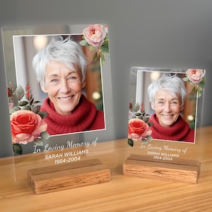 Gepersonaliseerde foto gedenkplaat massief eikenhouten standaard ter liefdevolle herinnering aan condoleance herdenking verlies sympathie geschenkbord