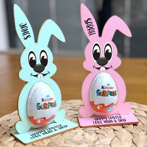 Personalised Easter Egg, Kinder Egg Holder Decoration Bunny Treat Kinder Hunt Gifts Kid Boy Girl Pink, Blue or White Bunny image 3