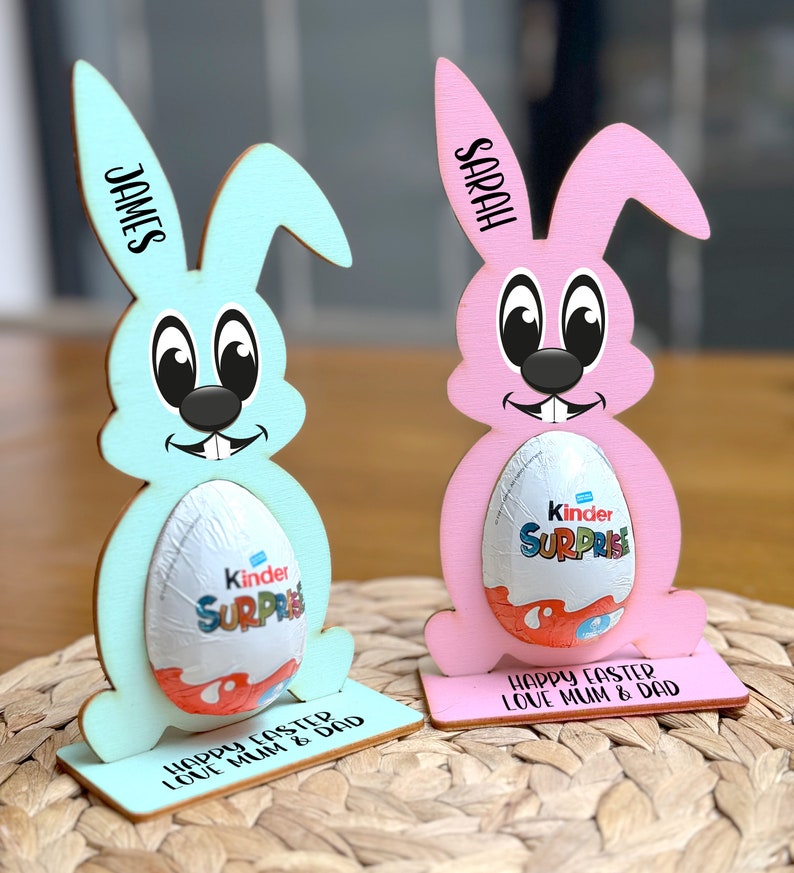 Personalised Easter Egg, Kinder Egg Holder Decoration Bunny Treat Kinder Hunt Gifts Kid Boy Girl Pink, Blue or White Bunny image 3