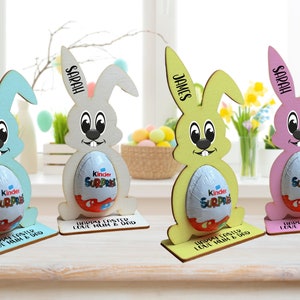 Personalised Easter Egg, Kinder Egg Holder Decoration Bunny Treat Kinder Hunt Gifts Kid Boy Girl Pink, Blue or White Bunny image 1